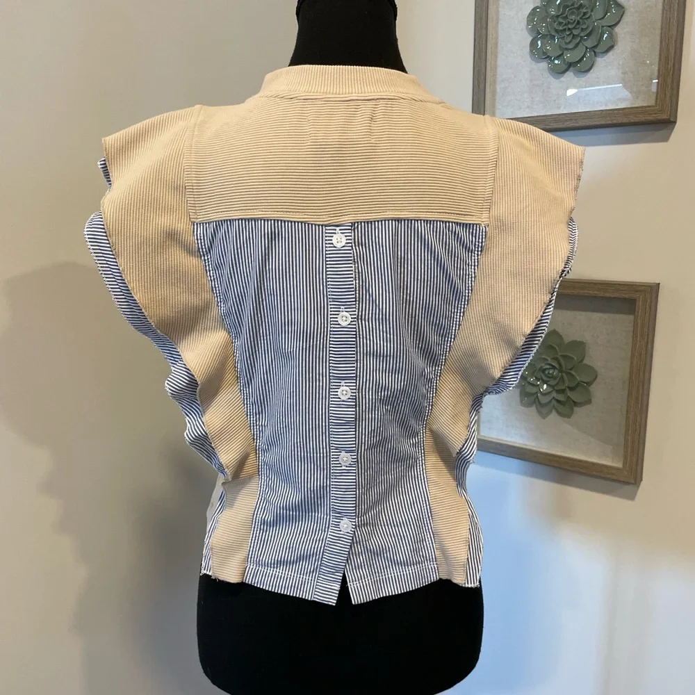 Anthropologie Nautical Ruffle Blouse With Back Buttons EUC - Picture 8 of 14